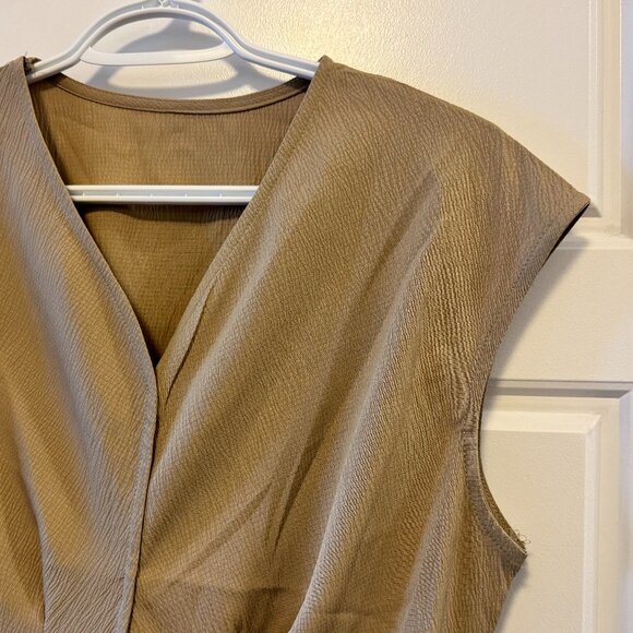 Minimalist Tan Draped Sleeveless Top | Elastic Back Hem | Modern Hong Kong Style - Picture 2 of 3
